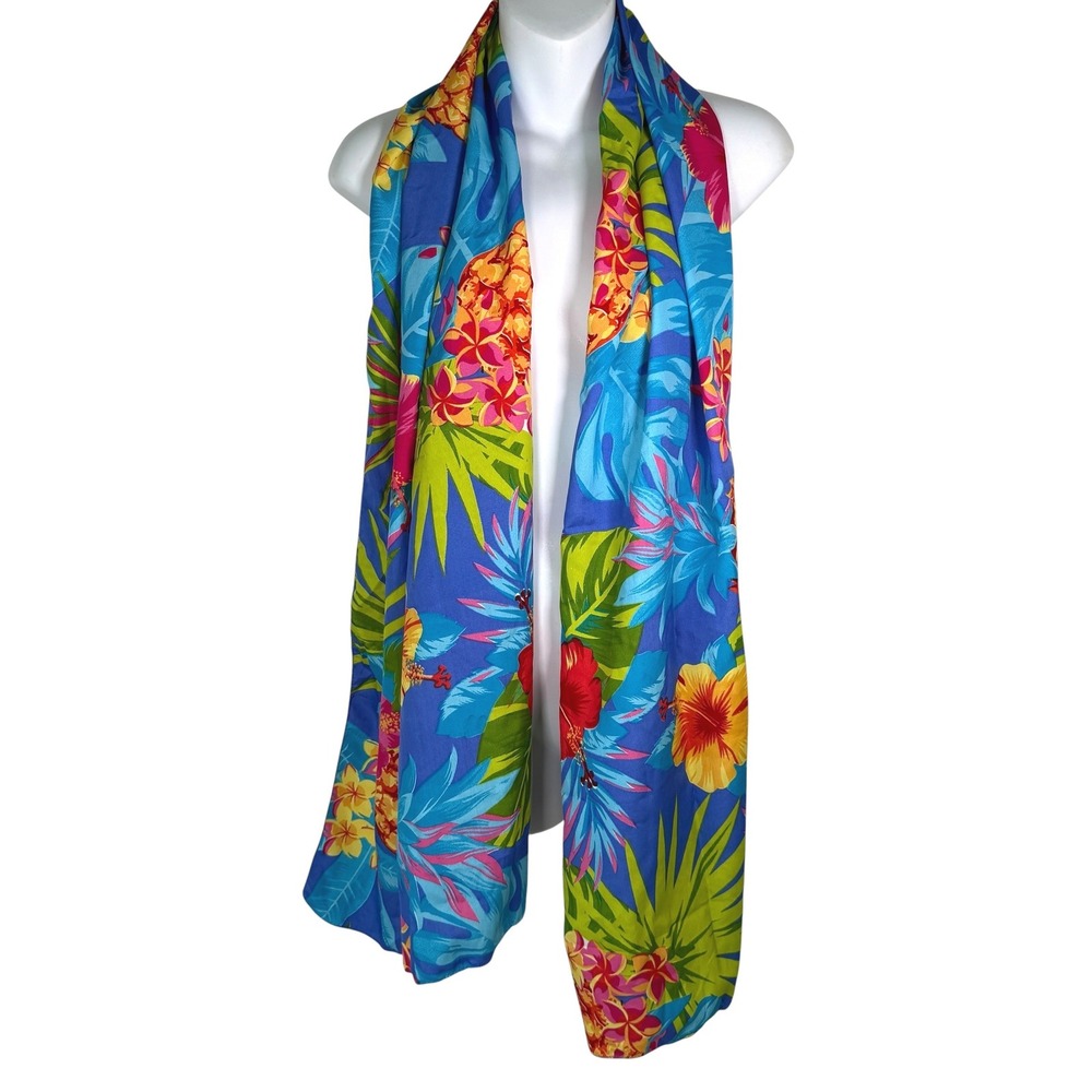 Tropical Floral Scarf Sarong Women 71x21 Blue Pink Pineapple Hibiscus Beach Wrap